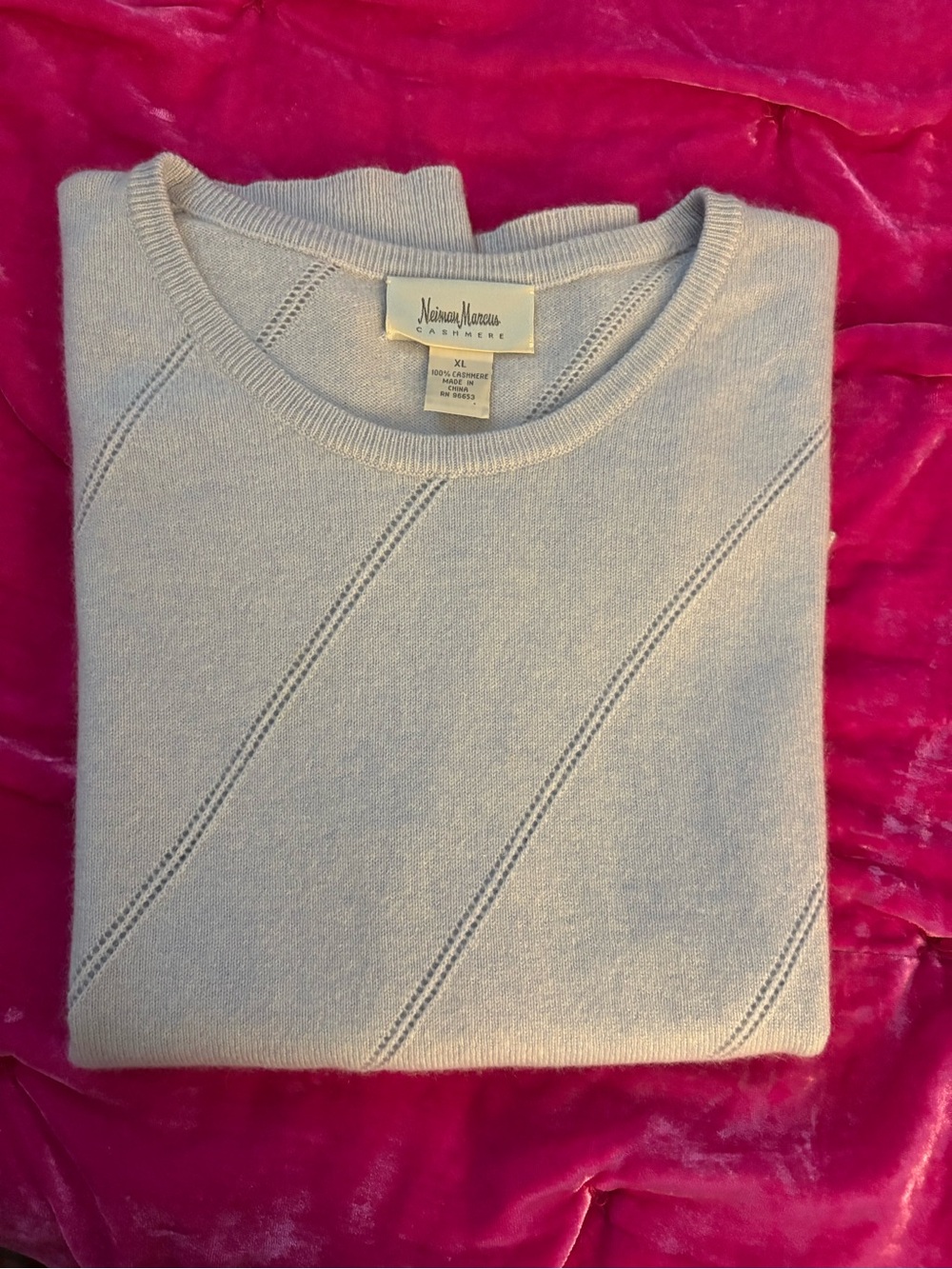 Neiman Marcus Light Blue Diagonal Eyelet Knit Top